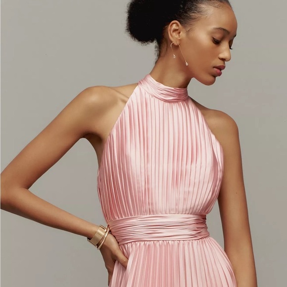 ANTHROPOLOGIE Mac Duggal Satin Pleated Halter High Neck Gown Maxi Dress Pink NWT - Picture 6 of 12